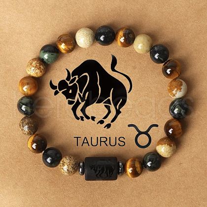 12 Constellations Natural Tiger Eye & Picture Jasper Round Beaded Stretch Bracelets for Men Women WG21EC3-03-1