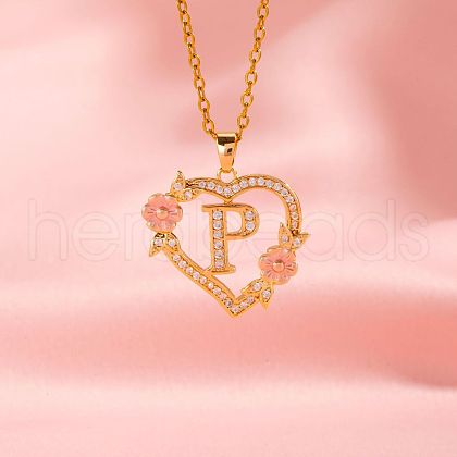 Brass Crystal Rhinestone Hollow Rose Heart with Letter Pendant Necklaces for Women WGC1928-16-1