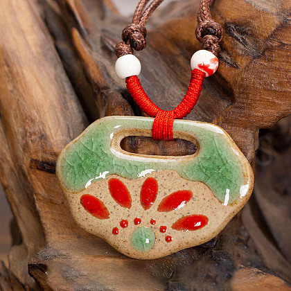 Retro Ethnic Porcelain Pendant Adjustable Polyester Cord Necklaces for Women FS-WGD020A-12-1