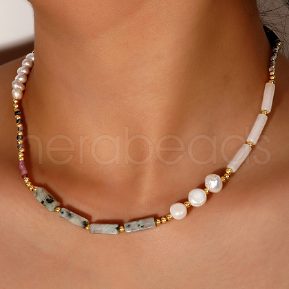 Bohemian Style Natural Sesame Jasper & White Jade Cuboid & Natural Pearl Beaded Necklaces PY9545-1