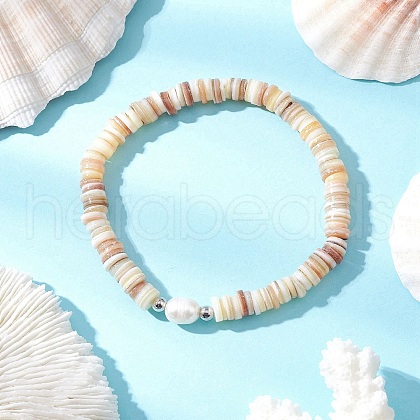 Natural Cultured Freshwater Pearl & Shell & Brass Spacer Beads Stretch Bracelets for Women BJEW-JB11874-01-1
