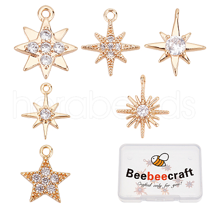 Beebeecraft 12Pcs 6 Styke Long-Lasting Plated Brass Micro Pave Clear Cubic Zirconia Charms KK-BBC0001-62-1