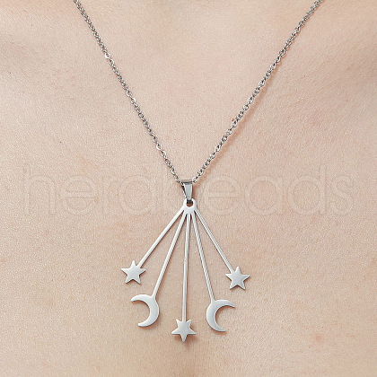 201 Stainless Steel Moon with Star Pendant Necklace NJEW-OY001-59-1