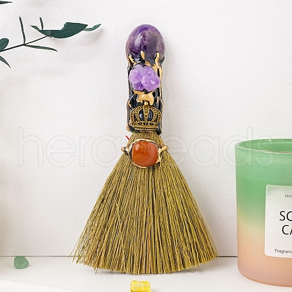 New Natural Amethyst Rolling Stone Broom Hand Crystal Raw Stone Handmade Magic Broom Halloween Decoration Wholesale PW-WG45A77-06-1