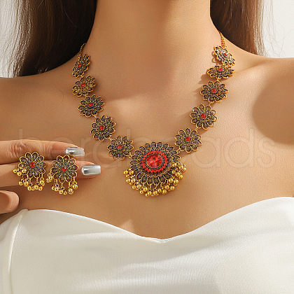 Flower Alloy Rhinestone Pendant Necklaces & Stud Earrings Sets FS-WG20CE0-05-1
