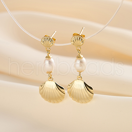 Mother's Day Jewellery S925 Sterling Silver Shell Shape Dangle Stud Earrings EJEW-M096-01G-1
