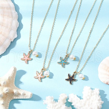 Summer Beach Starfish Alloy Enamel & ABS Plastic Imitation Pearl Pendant Necklaces NJEW-JN05268-1