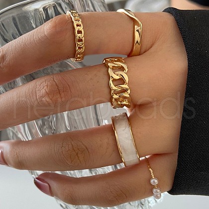 5Pcs Alloy with Plastic Pearl Finger Rings WG7A5CE-04-1