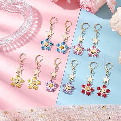 Brass Glass Seed Beads Flower Leverback Earrings EJEW-MZ00426-1