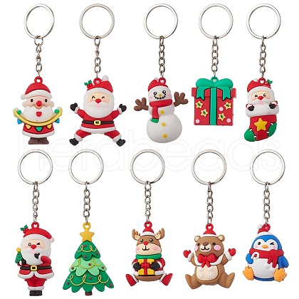 10Pcs 10 Styles Christmas Theme PVC Plastic Pendant Keychains KEYC-JKC00934-1