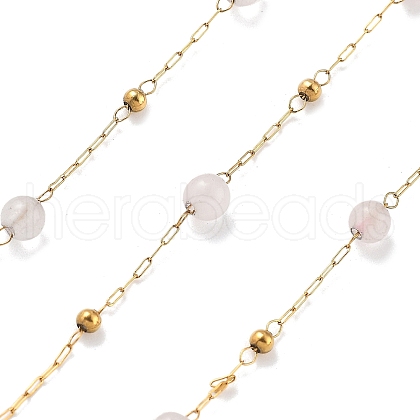 Natural Rose Quartz & 304 Stainless Steel Beads Link Chains CHS-K021-08A-06-1