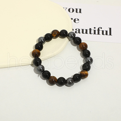 Dyed Natural Tiger Eye & Obsidian Round Beaded Stretch Bracelet PW-WG77768-02-1