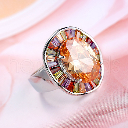 Oval Brass Micro Pave Colorful Cubic Zirconia Finger Rings FS-WG7C062-05-1