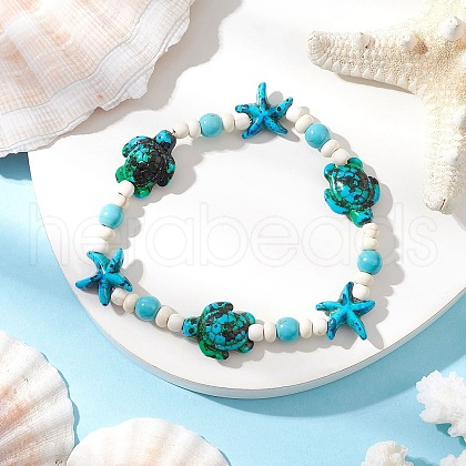 Starfish & Turtle Synthetic Turquoise Dyed Beads Stretch Bracelets for Women BJEW-JB11920-03-1