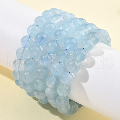 Natural Aquamarine Round Bead Stretch Bracelets for Men Women BJEW-U034-01A-02-1