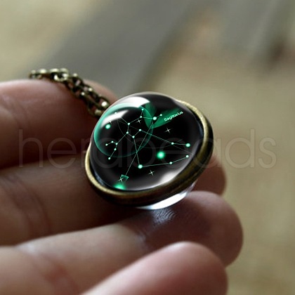Double Glass Round with Constellation Pendant Alloy Chain Necklaces WG188F6-08-1
