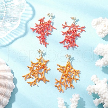 Star with Coral Handmade Glass Seed Beads Tassel Stud Earrings EJEW-MZ00472-1