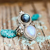 Teardrop & Oval Bohemian Style Zinc Alloy with Resin Imitation Moonstone/Rhinestone Finger Rings FS-WGFB6C4-03-2