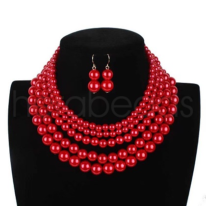 Plastic Pearl Round Beaded Multilayer Necklaces & Dangle Earrings Sets FS-WGEBA88-03-1