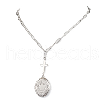 Brass Cross & Oval Locket Pendant Necklaces NJEW-JN04960-1