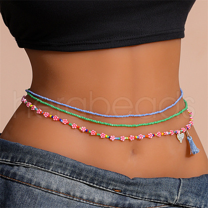 Flower Glass Seed Beaded Tassel Stretch 3 Layered Waist Belly Chains for Bikini FS-WGAC619-01-1