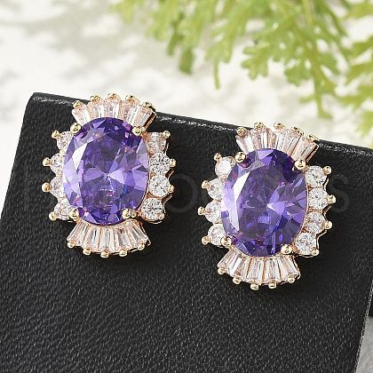 Oval Brass Micro Pave Cubic Zirconia Stud Earrings for Women EJEW-G428-27G-03-1