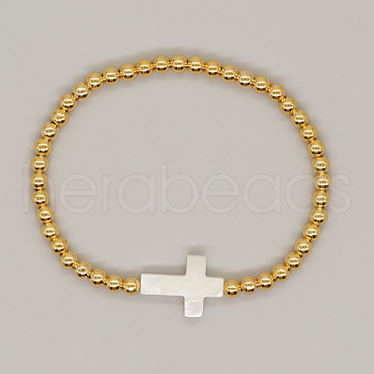 Gold Brass Round Beaded Stretch Bracelets LZ3349-1-1