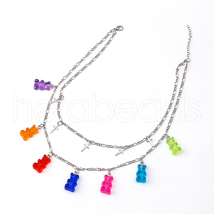 Alloy Cross & Resin Bear Pendant Double Layer Necklaces for Women WG0729C-08-1