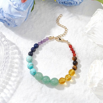 7 Chakra Natural Amethyst & Carnelian & Green Aventurine & Tiger Eye & Lapis Lazuli & Quartz Crystal & Synthetic Green Turquoise Round Beaded Bracelets BJEW-TA00632-1