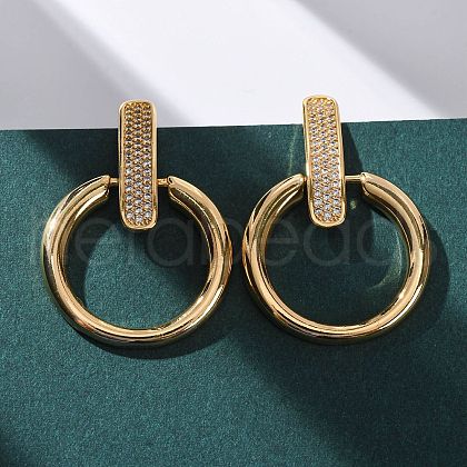 Brass Micro Pave Clear Cubic Zirconia Ring Dangle Stud Earrings EJEW-F374-01G-1