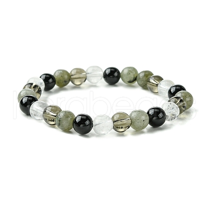 Synthetic Smoky Quartz & Labradorite & Quartz Crystal & Obsidian Round Beaded Stretch Bracelets BJEW-JB10910-11-1