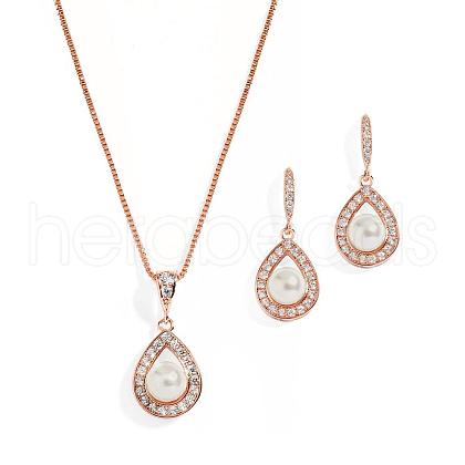 Teardrop Brass Micro Pave Clear Cubic Zirconia with Plastic Pearl Pendant Necklace & Dangle Earring FS-WG2AAB6-03-1
