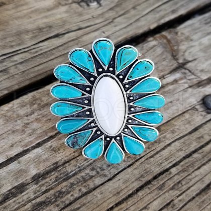 Oval Alloy & Synthetic Turquoise & Natural White Jade Cuff Rings FS-WG97148-01-1