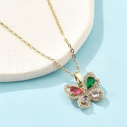 Brass Micro Pave Cubic Zirconia Butterfly Pendant Neckalces for Women NJEW-S448-09G-1