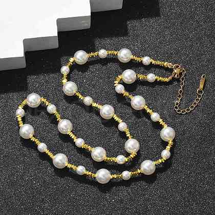 304 Stainless Steel & ABS Plastic Imitation Pearl Round Beded Necklaces for Women NJEW-S442-11G-1