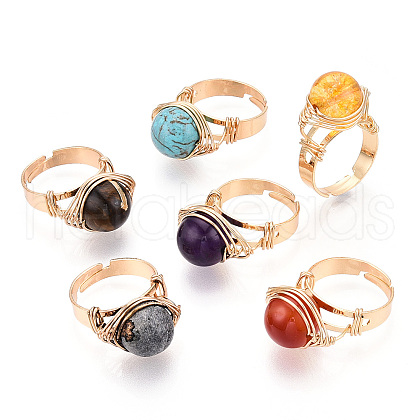Natural Howlite & Citrine & Tiger Eye & Natural Carnelian & Amethyst & Lapis Lazuli Round Finger Rings RJEW-T019-01-KC-1-1