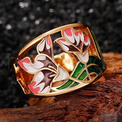 Flower Pattern Brass Enamel Finger Rings FS-WGFE972-01-1