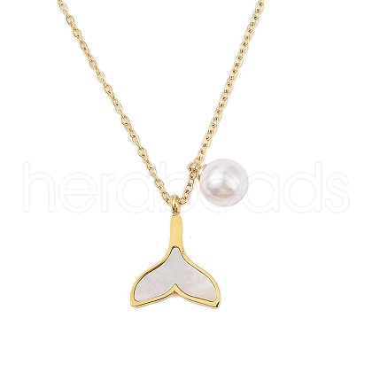 Round ABS Imitation Pearl & Shell Whale Tail Pendant Necklaces NJEW-N055-06G-1