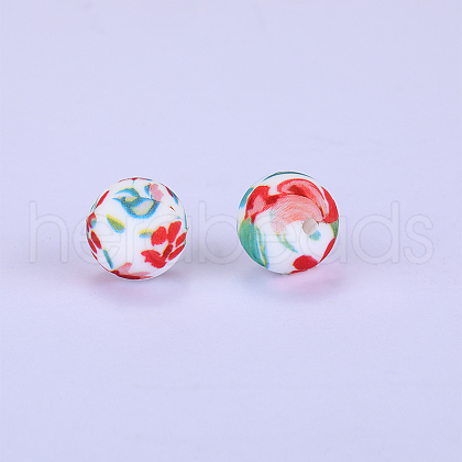Printed Round with Flower Pattern Silicone Focal Beads SI-JX0056A-162-1