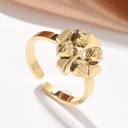 304 Stainless Steel Clover Open Cuff Rings for Women RJEW-A052-05G-1