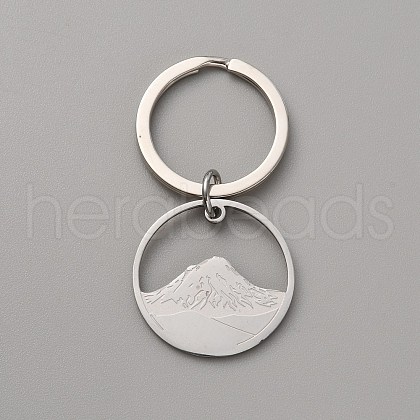 Round Ring with Mountain 304 Stainless Steel Pendant Keychain KEYC-WH0027-109P-1