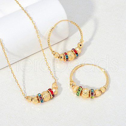 Bohemian Style Brass Colorful Cubic Zirconia Round Beaded Pendant Necklaces & Hoop Earrings Sets FS-WG846E9-01-1