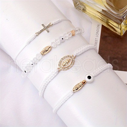 4Pcs 4 Styles Golden Alloy Link & Resin Beads Braided Bead Bracelets & Glass Beads Stretch Bracelets FS-WG3FBEF-05-1