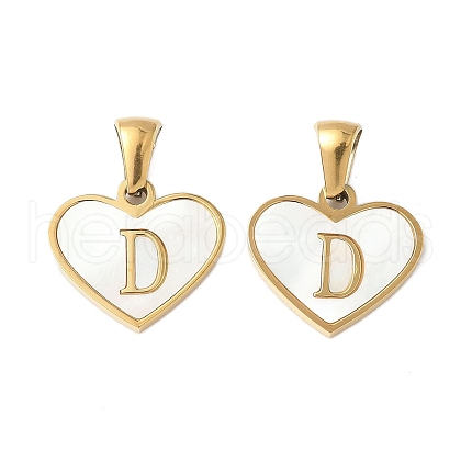 304 Stainless Steel Pave Natural White Shell Heart with Initial Slice Pendants STAS-R168-25G-D-1
