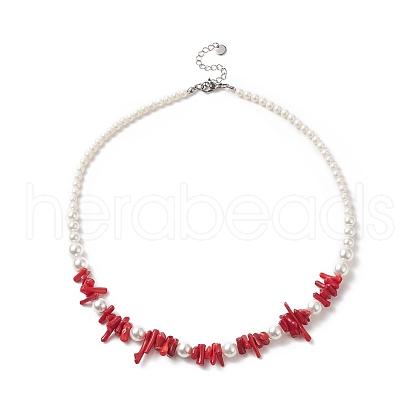Dyed Synthetic Red Coral Chips & Shell Pearl Graduated Beaded Necklaces for Women NJEW-TA00065-1