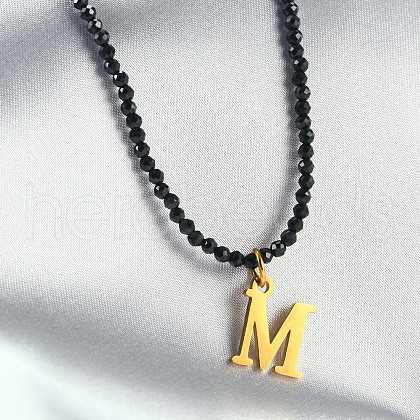 304 Stainless Steel Initial Pendant Black Glass Faceted Round Beaded Pendant Necklaces for Women FS-WGC61DE-13-1