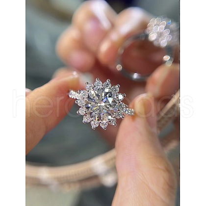 Rhodium Plated 925 Sterling Silver Flower Pave 8.2x4.9mm Moissanite Adjustable Rings for Women WG9AA84-04-1