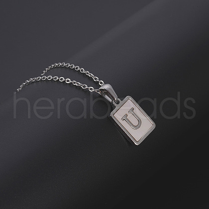 Rectangle Stainless Steel Pave Natural White Shell Pendant Necklaces FS-WG3D812-21-1