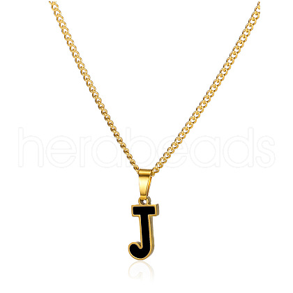 304 Stainless Steel Black Enamel Initial Pendant Twisted Chain Necklaces WG978E8-10-1