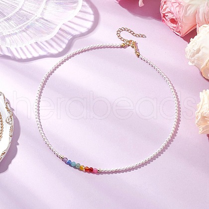 3mm Round Chakra Gemstone & Shell Pearl Beaded Necklaces for Women NJEW-JN05190-1